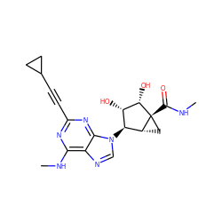 CNC(=O)[C@@]12C[C@@H]1[C@@H](n1cnc3c(NC)nc(C#CC4CC4)nc31)[C@H](O)[C@@H]2O ZINC000299862661