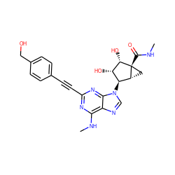 CNC(=O)[C@@]12C[C@@H]1[C@@H](n1cnc3c(NC)nc(C#Cc4ccc(CO)cc4)nc31)[C@H](O)[C@@H]2O ZINC000299862387