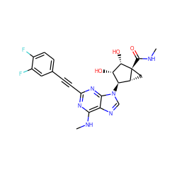 CNC(=O)[C@@]12C[C@@H]1[C@@H](n1cnc3c(NC)nc(C#Cc4ccc(F)c(F)c4)nc31)[C@H](O)[C@@H]2O ZINC000084727748