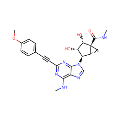 CNC(=O)[C@@]12C[C@@H]1[C@@H](n1cnc3c(NC)nc(C#Cc4ccc(OC)cc4)nc31)[C@H](O)[C@@H]2O ZINC000299869374