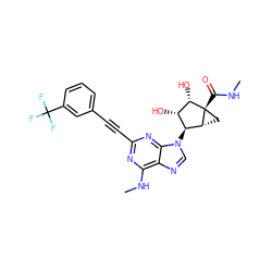 CNC(=O)[C@@]12C[C@@H]1[C@@H](n1cnc3c(NC)nc(C#Cc4cccc(C(F)(F)F)c4)nc31)[C@H](O)[C@@H]2O ZINC000299860802