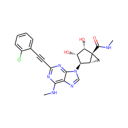 CNC(=O)[C@@]12C[C@@H]1[C@@H](n1cnc3c(NC)nc(C#Cc4ccccc4Cl)nc31)[C@H](O)[C@@H]2O ZINC000084723280