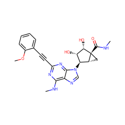 CNC(=O)[C@@]12C[C@@H]1[C@@H](n1cnc3c(NC)nc(C#Cc4ccccc4OC)nc31)[C@H](O)[C@@H]2O ZINC000299864780