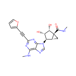 CNC(=O)[C@@]12C[C@@H]1[C@@H](n1cnc3c(NC)nc(C#Cc4ccco4)nc31)[C@H](O)[C@@H]2O ZINC000299868194