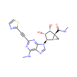 CNC(=O)[C@@]12C[C@@H]1[C@@H](n1cnc3c(NC)nc(C#Cc4nccs4)nc31)[C@H](O)[C@@H]2O ZINC000299865121