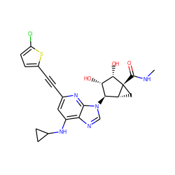 CNC(=O)[C@@]12C[C@@H]1[C@@H](n1cnc3c(NC4CC4)cc(C#Cc4ccc(Cl)s4)nc31)[C@H](O)[C@@H]2O ZINC000473134014