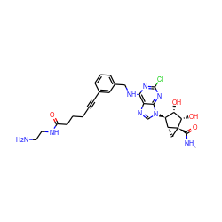 CNC(=O)[C@@]12C[C@@H]1[C@@H](n1cnc3c(NCc4cccc(C#CCCCC(=O)NCCN)c4)nc(Cl)nc31)[C@H](O)[C@@H]2O ZINC000029044700