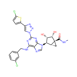 CNC(=O)[C@@]12C[C@@H]1[C@@H](n1cnc3c(NCc4cccc(Cl)c4)nc(-n4cc(-c5ccc(Cl)s5)nn4)nc31)[C@H](O)[C@@H]2O ZINC000653806246