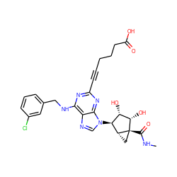 CNC(=O)[C@@]12C[C@@H]1[C@@H](n1cnc3c(NCc4cccc(Cl)c4)nc(C#CCCCC(=O)O)nc31)[C@H](O)[C@@H]2O ZINC000029045002