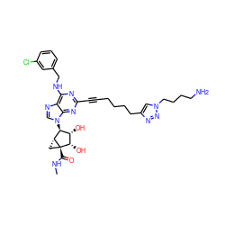 CNC(=O)[C@@]12C[C@@H]1[C@@H](n1cnc3c(NCc4cccc(Cl)c4)nc(C#CCCCCc4cn(CCCCN)nn4)nc31)[C@H](O)[C@@H]2O ZINC000049767145