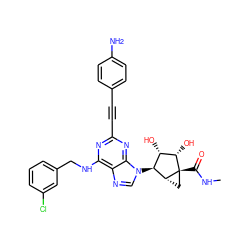 CNC(=O)[C@@]12C[C@@H]1[C@@H](n1cnc3c(NCc4cccc(Cl)c4)nc(C#Cc4ccc(N)cc4)nc31)[C@H](O)[C@@H]2O ZINC000084670647