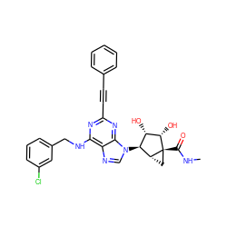 CNC(=O)[C@@]12C[C@@H]1[C@@H](n1cnc3c(NCc4cccc(Cl)c4)nc(C#Cc4ccccc4)nc31)[C@H](O)[C@@H]2O ZINC000084655432