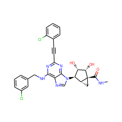 CNC(=O)[C@@]12C[C@@H]1[C@@H](n1cnc3c(NCc4cccc(Cl)c4)nc(C#Cc4ccccc4Cl)nc31)[C@H](O)[C@@H]2O ZINC000084669926