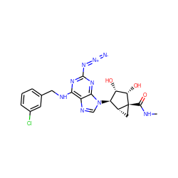 CNC(=O)[C@@]12C[C@@H]1[C@@H](n1cnc3c(NCc4cccc(Cl)c4)nc(N=[N+]=[N-])nc31)[C@H](O)[C@@H]2O ZINC000653795789