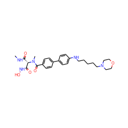 CNC(=O)[C@@H](C(=O)NO)N(C)C(=O)c1ccc(-c2ccc(NCCCCCN3CCOCC3)cc2)cc1 ZINC000225149863