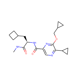 CNC(=O)[C@@H](CC1CCC1)NC(=O)c1cnc(C2CC2)c(OCC2CC2)n1 ZINC000207415473
