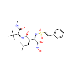 CNC(=O)[C@@H](NC(=O)[C@H](CC(C)C)[C@H](NS(=O)(=O)/C=C/c1ccccc1)C(=O)NO)C(C)(C)C ZINC000013802370