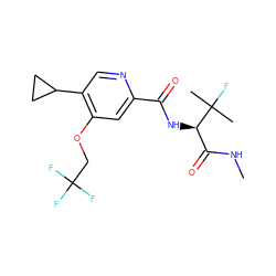 CNC(=O)[C@@H](NC(=O)c1cc(OCC(F)(F)F)c(C2CC2)cn1)C(C)(C)F ZINC000146605182