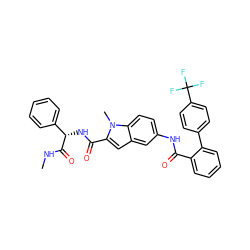 CNC(=O)[C@@H](NC(=O)c1cc2cc(NC(=O)c3ccccc3-c3ccc(C(F)(F)F)cc3)ccc2n1C)c1ccccc1 ZINC000095562792