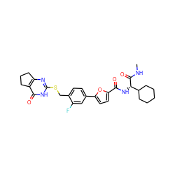 CNC(=O)[C@@H](NC(=O)c1ccc(-c2ccc(CSc3nc4c(c(=O)[nH]3)CCC4)c(F)c2)o1)C1CCCCC1 ZINC001772602710