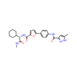 CNC(=O)[C@@H](NC(=O)c1ccc(-c2ccc(NC(=O)c3cc(C)[nH]n3)cc2)o1)C1CCCCC1 ZINC000045300183