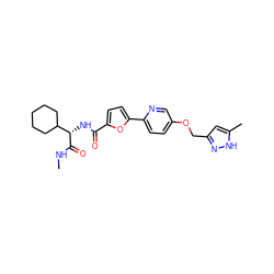 CNC(=O)[C@@H](NC(=O)c1ccc(-c2ccc(OCc3cc(C)[nH]n3)cn2)o1)C1CCCCC1 ZINC000045291060