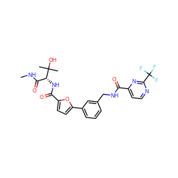 CNC(=O)[C@@H](NC(=O)c1ccc(-c2cccc(CNC(=O)c3ccnc(C(F)(F)F)n3)c2)o1)C(C)(C)O ZINC000058591494