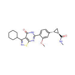 CNC(=O)[C@@H]1C[C@H]1c1ccc(-c2nc3snc(C4CCCCC4)c3c(=O)[nH]2)c(OC)c1 ZINC000084634147