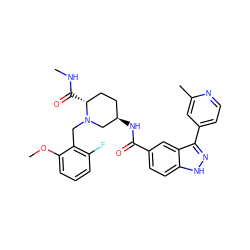 CNC(=O)[C@@H]1CC[C@@H](NC(=O)c2ccc3[nH]nc(-c4ccnc(C)c4)c3c2)CN1Cc1c(F)cccc1OC ZINC000205008487