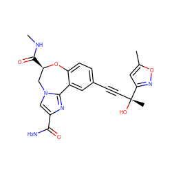 CNC(=O)[C@@H]1Cn2cc(C(N)=O)nc2-c2cc(C#C[C@@](C)(O)c3cc(C)on3)ccc2O1 ZINC000219617353