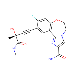 CNC(=O)[C@](C)(O)C#Cc1cc2c(cc1F)OCCn1cc(C(N)=O)nc1-2 ZINC000215738750