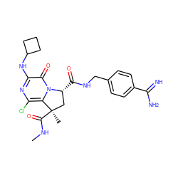 CNC(=O)[C@]1(C)C[C@@H](C(=O)NCc2ccc(C(=N)N)cc2)n2c1c(Cl)nc(NC1CCC1)c2=O ZINC000095588439