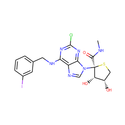 CNC(=O)[C@]1(n2cnc3c(NCc4cccc(I)c4)nc(Cl)nc32)SC[C@H](O)[C@@H]1O ZINC000059977521