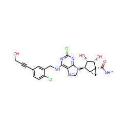 CNC(=O)[C@]12C[C@@H]1[C@@H](n1cnc3c(NCc4cc(C#CCO)ccc4Cl)nc(Cl)nc31)[C@H](O)[C@@H]2O ZINC000101034283