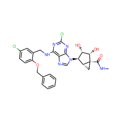 CNC(=O)[C@]12C[C@@H]1[C@@H](n1cnc3c(NCc4cc(Cl)ccc4OCc4ccccc4)nc(Cl)nc31)[C@H](O)[C@@H]2O ZINC000101034259