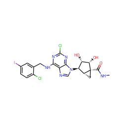 CNC(=O)[C@]12C[C@@H]1[C@@H](n1cnc3c(NCc4cc(I)ccc4Cl)nc(Cl)nc31)[C@H](O)[C@@H]2O ZINC000101034294