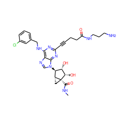 CNC(=O)[C@]12C[C@@H]1[C@@H](n1cnc3c(NCc4cccc(Cl)c4)nc(C#CCCC(=O)NCCCN)nc31)[C@H](O)[C@@H]2O ZINC000101286846