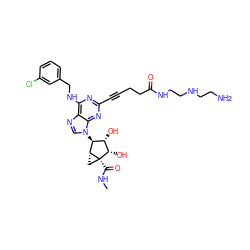 CNC(=O)[C@]12C[C@@H]1[C@@H](n1cnc3c(NCc4cccc(Cl)c4)nc(C#CCCC(=O)NCCNCCN)nc31)[C@H](O)[C@@H]2O ZINC000101286838