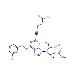 CNC(=O)[C@]12C[C@@H]1[C@@H](n1cnc3c(NCc4cccc(Cl)c4)nc(C#CCCC(=O)O)nc31)[C@H](O)[C@@H]2O ZINC000101286896