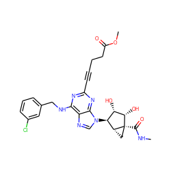 CNC(=O)[C@]12C[C@@H]1[C@@H](n1cnc3c(NCc4cccc(Cl)c4)nc(C#CCCC(=O)OC)nc31)[C@H](O)[C@@H]2O ZINC000101286905