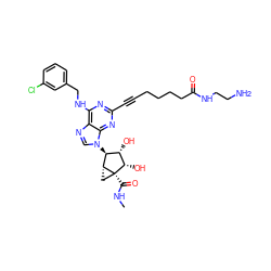 CNC(=O)[C@]12C[C@@H]1[C@@H](n1cnc3c(NCc4cccc(Cl)c4)nc(C#CCCCCC(=O)NCCN)nc31)[C@H](O)[C@@H]2O ZINC000101286851