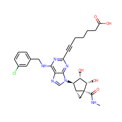 CNC(=O)[C@]12C[C@@H]1[C@@H](n1cnc3c(NCc4cccc(Cl)c4)nc(C#CCCCCC(=O)O)nc31)[C@H](O)[C@@H]2O ZINC000101286901