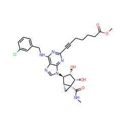 CNC(=O)[C@]12C[C@@H]1[C@@H](n1cnc3c(NCc4cccc(Cl)c4)nc(C#CCCCCC(=O)OC)nc31)[C@H](O)[C@@H]2O ZINC000101286866