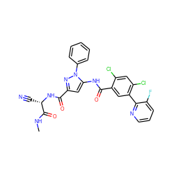 CNC(=O)[C@H](C#N)NC(=O)c1cc(NC(=O)c2cc(-c3ncccc3F)c(Cl)cc2Cl)n(-c2ccccc2)n1 ZINC001772630438