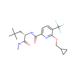 CNC(=O)[C@H](CC(C)(C)C)NC(=O)c1ccc(C(F)(F)F)c(OCC2CC2)n1 ZINC000207736028