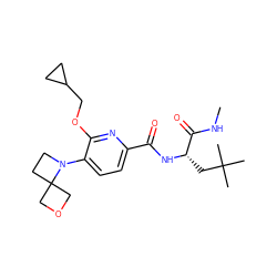 CNC(=O)[C@H](CC(C)(C)C)NC(=O)c1ccc(N2CCC23COC3)c(OCC2CC2)n1 ZINC000143379344