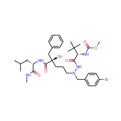 CNC(=O)[C@H](CC(C)C)NC(=O)[C@@](O)(CCCN(Cc1ccc(Br)cc1)NC(=O)[C@@H](NC(=O)OC)C(C)(C)C)Cc1ccccc1 ZINC000169324483