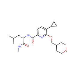 CNC(=O)[C@H](CC(C)C)NC(=O)c1ccc(C2CC2)c(OCC2CCOCC2)n1 ZINC000150221284