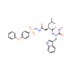 CNC(=O)[C@H](Cc1c[nH]c2ccccc12)NC(=O)[C@@H](CC(=O)NNS(=O)(=O)c1ccc(Oc2ccccc2)cc1)CC(C)C ZINC000044351489