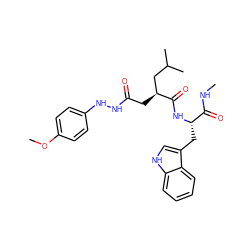 CNC(=O)[C@H](Cc1c[nH]c2ccccc12)NC(=O)[C@@H](CC(=O)NNc1ccc(OC)cc1)CC(C)C ZINC000040403498